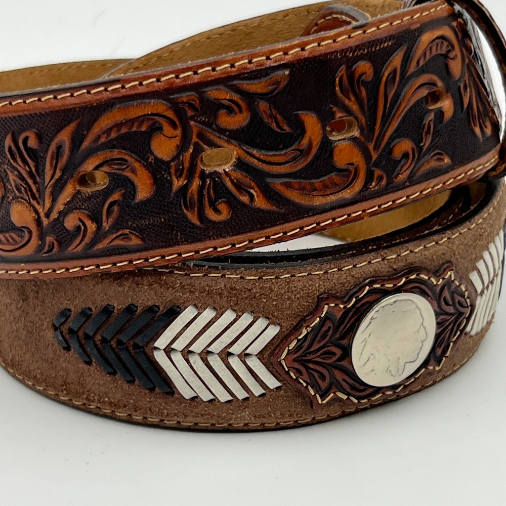 Justin Mens Brown Leather Tooled Western Belt Indian Head Nickel Concho 38